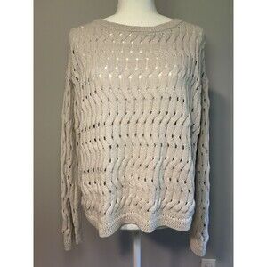 DKNY Cream/Gold Flecks Crochet Crew Neck Sweater XL